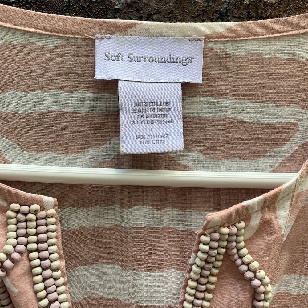 Soft Surroundings Pink White Tribal Top Tunic Cover Up Beaded Hook Closure Large - Picture 3 of 8